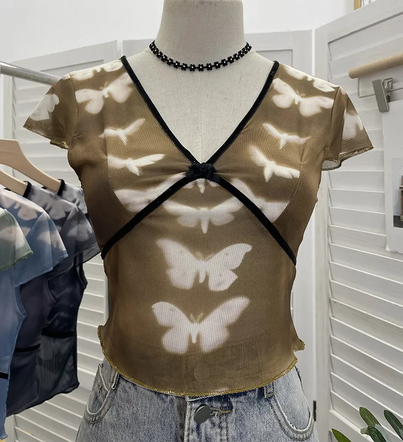 Churchf Sexy Hottie V-Neck Butterfly Print Short-Sleeved T-Shirt Slime Short-Navel Net T-Shirt Girl 9920
