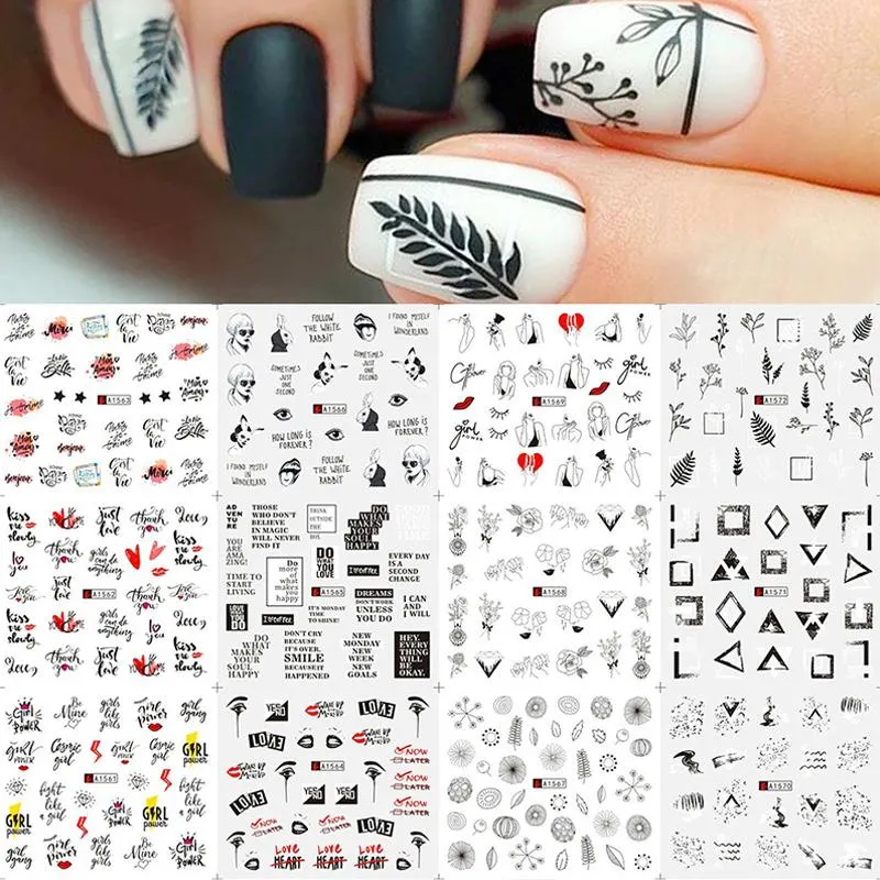 12Pcs Flower Leaf Geometric Lines Water Decals Spring Floral Butterfly Transfer Sliders Paper For Nails Decoration Manicures
