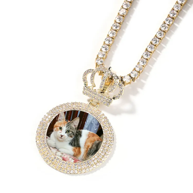 Custom Large Crown Button Small Round Photos Pendants Iced Hip Hop Necklaces For Women And Men