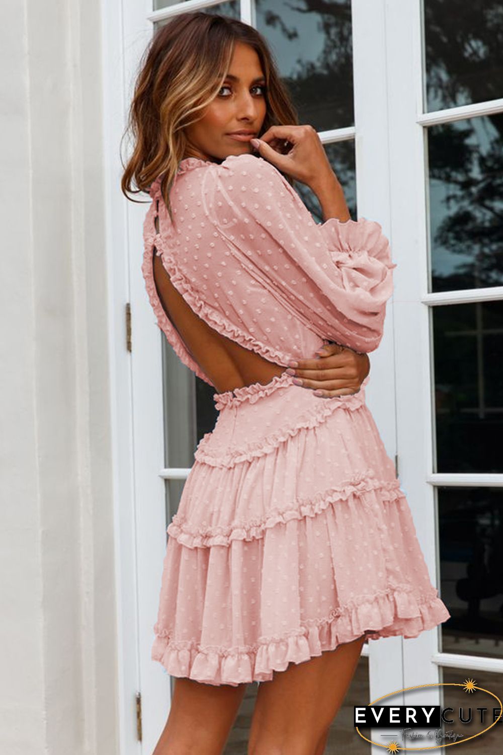 Pink Layered Ruffled Open Back Puff Sleeve Swiss Dot Mini Dress