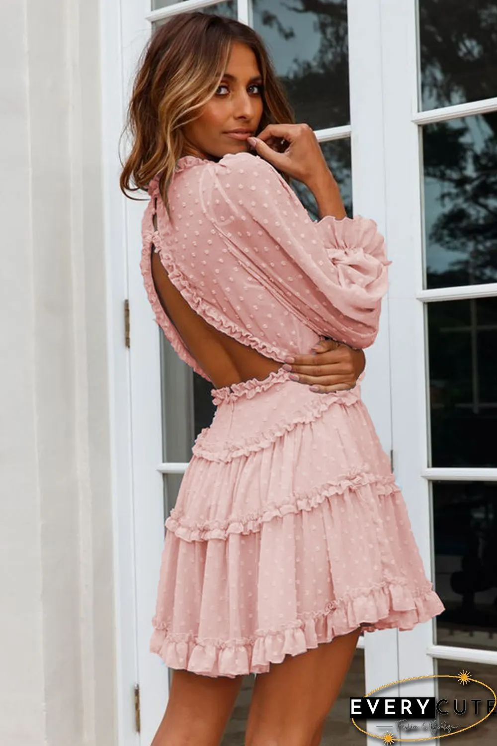 Pink Layered Ruffled Open Back Puff Sleeve Swiss Dot Mini Dress