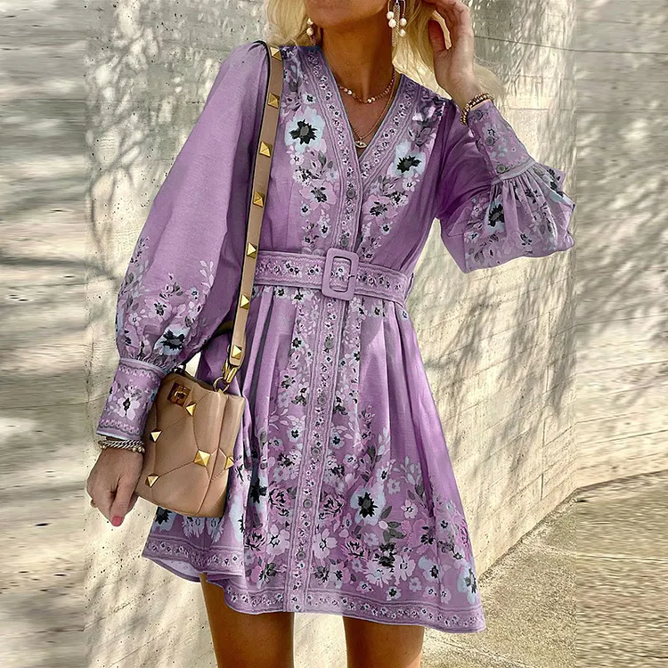Boho Tribal Floral Printed Bishop Sleeve V Neck Mini Dress