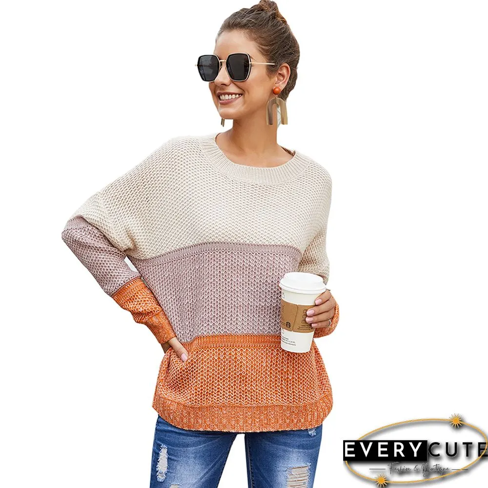 Orange Color Block Netted Texture Sweater