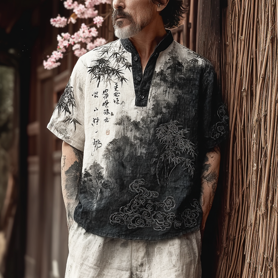 Japanese Art Retro Ink Painting Design Pattern Men's Casual Linen Short-sleeve Shirt elevenforest