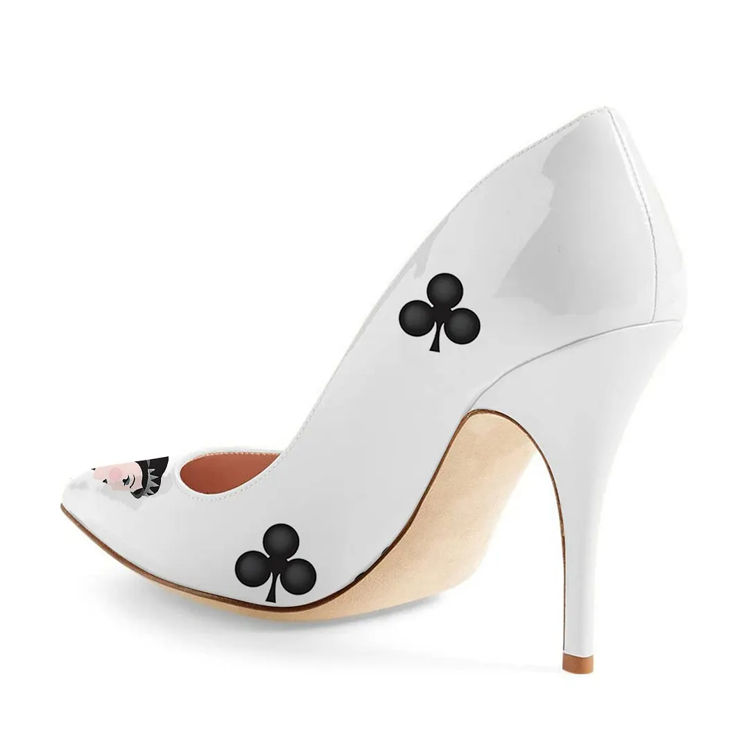 Chic White Pumps Pointed Toe Poker Print High Heels for Women