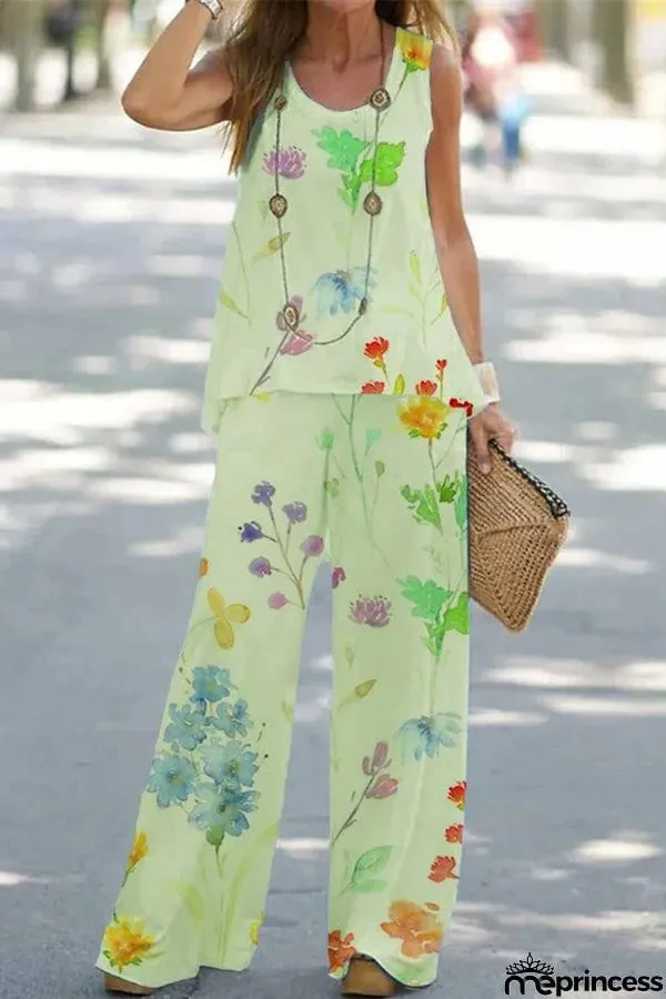 Simply Flourishing Printed Loose Tank and Wide Leg Pants Set