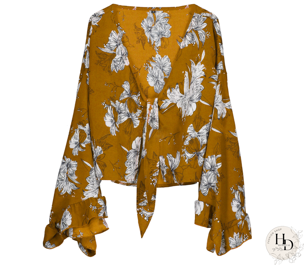 Long Sleeve Floral V-Neck Irregular Hem Top