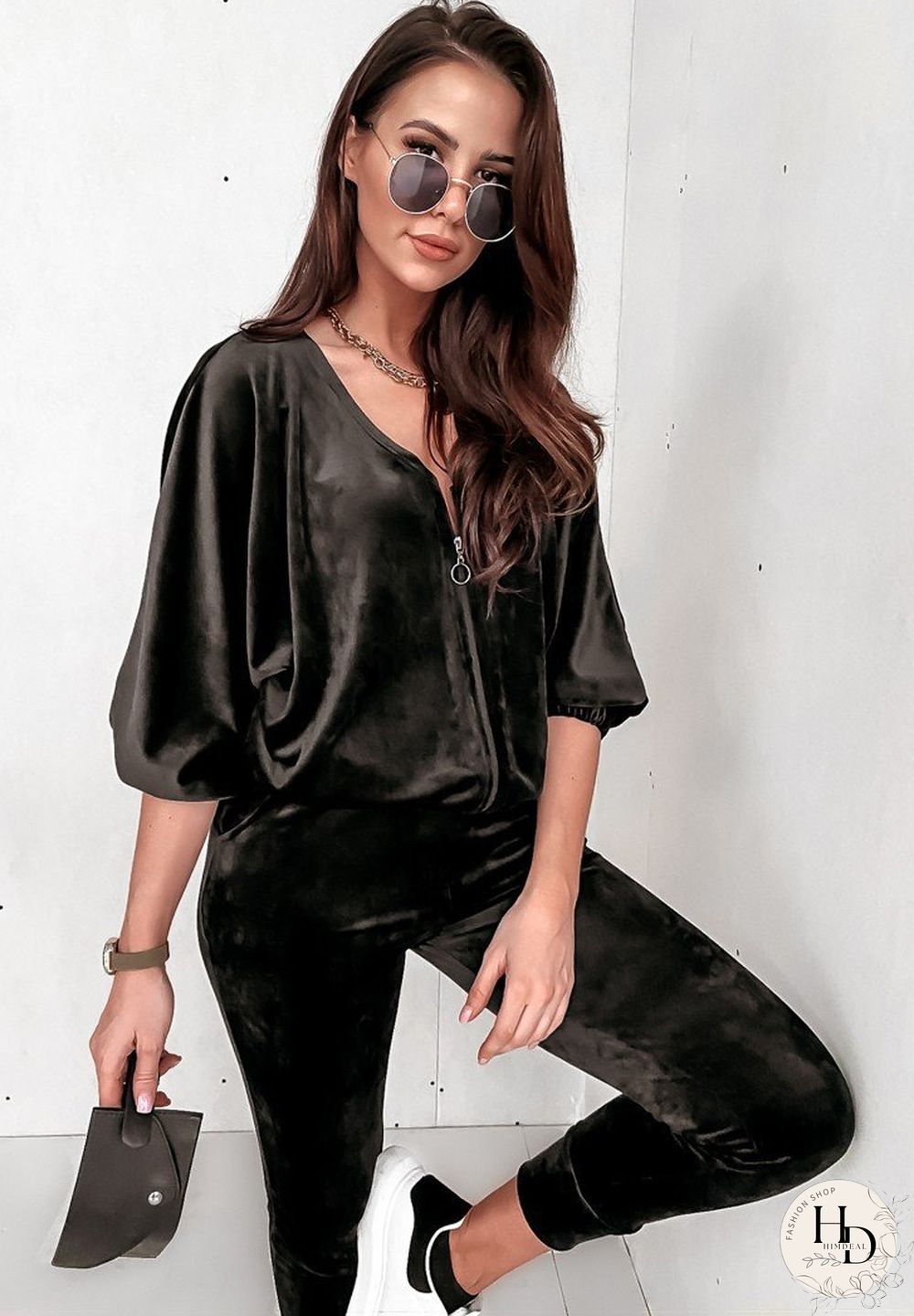 V Neck Zipper Coat And Pants Suit