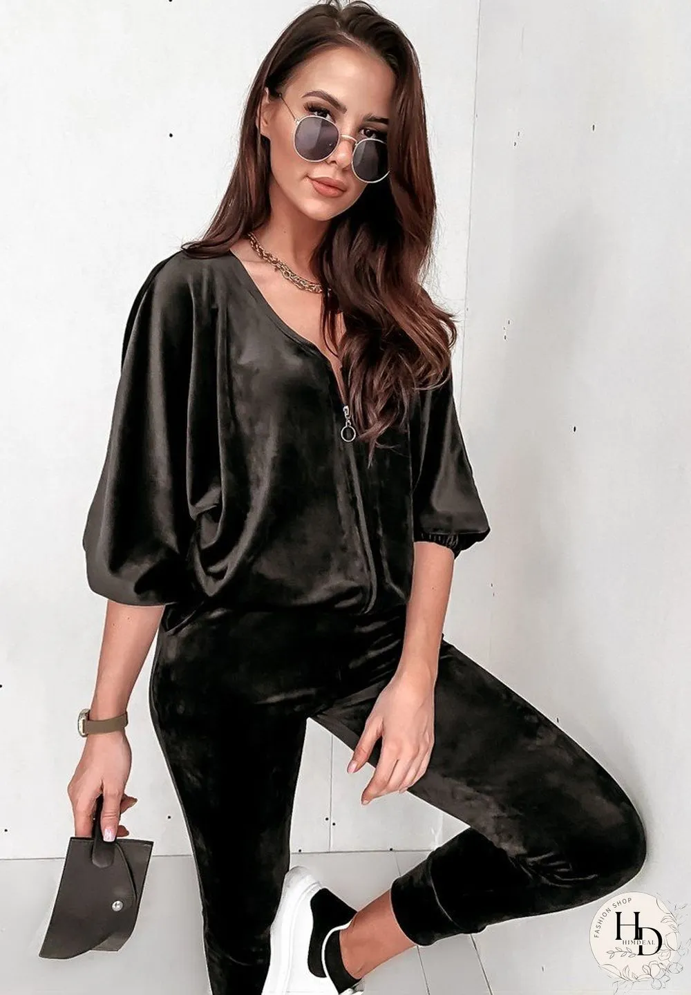 V Neck Zipper Coat And Pants Suit