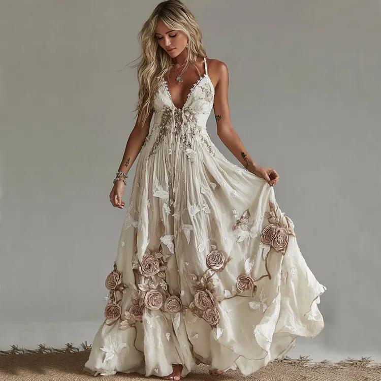 Women's Vintage Rose Embroidery Art V-neck Suspender Maxi Dress