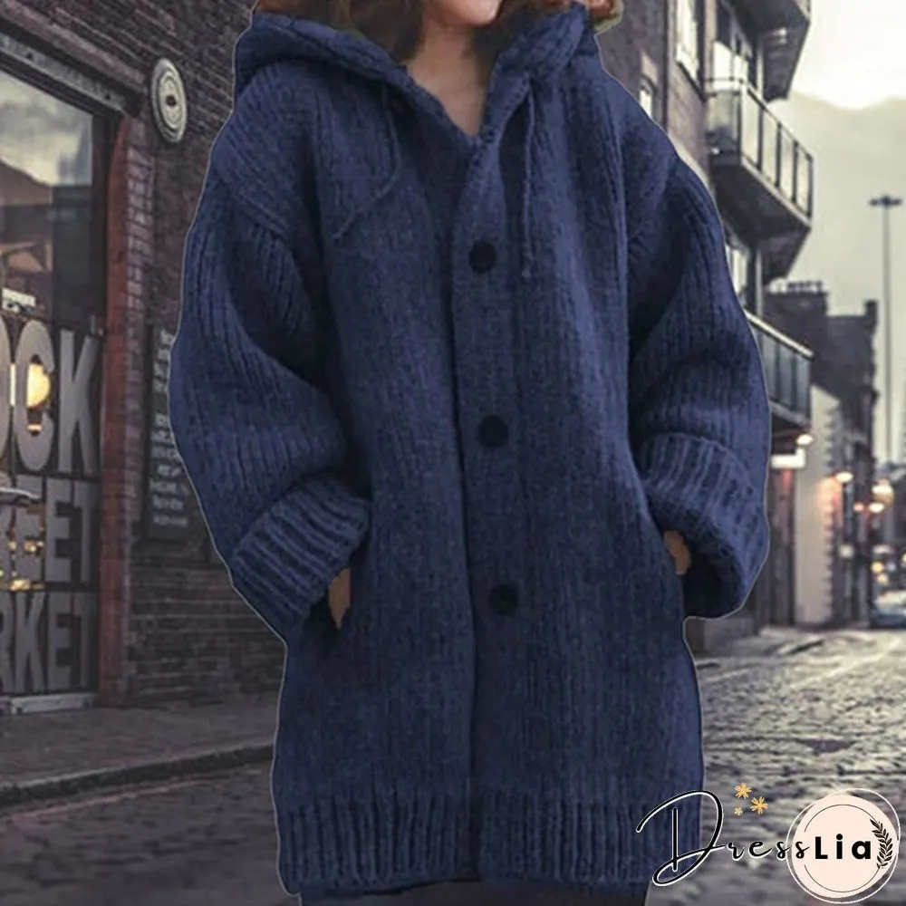 Women Fashion Mid-length Button Up Knitted Cardigan Jackets Ladies Casual Autumn and Winter Hooded Sweater Coats Strickjacke Damen