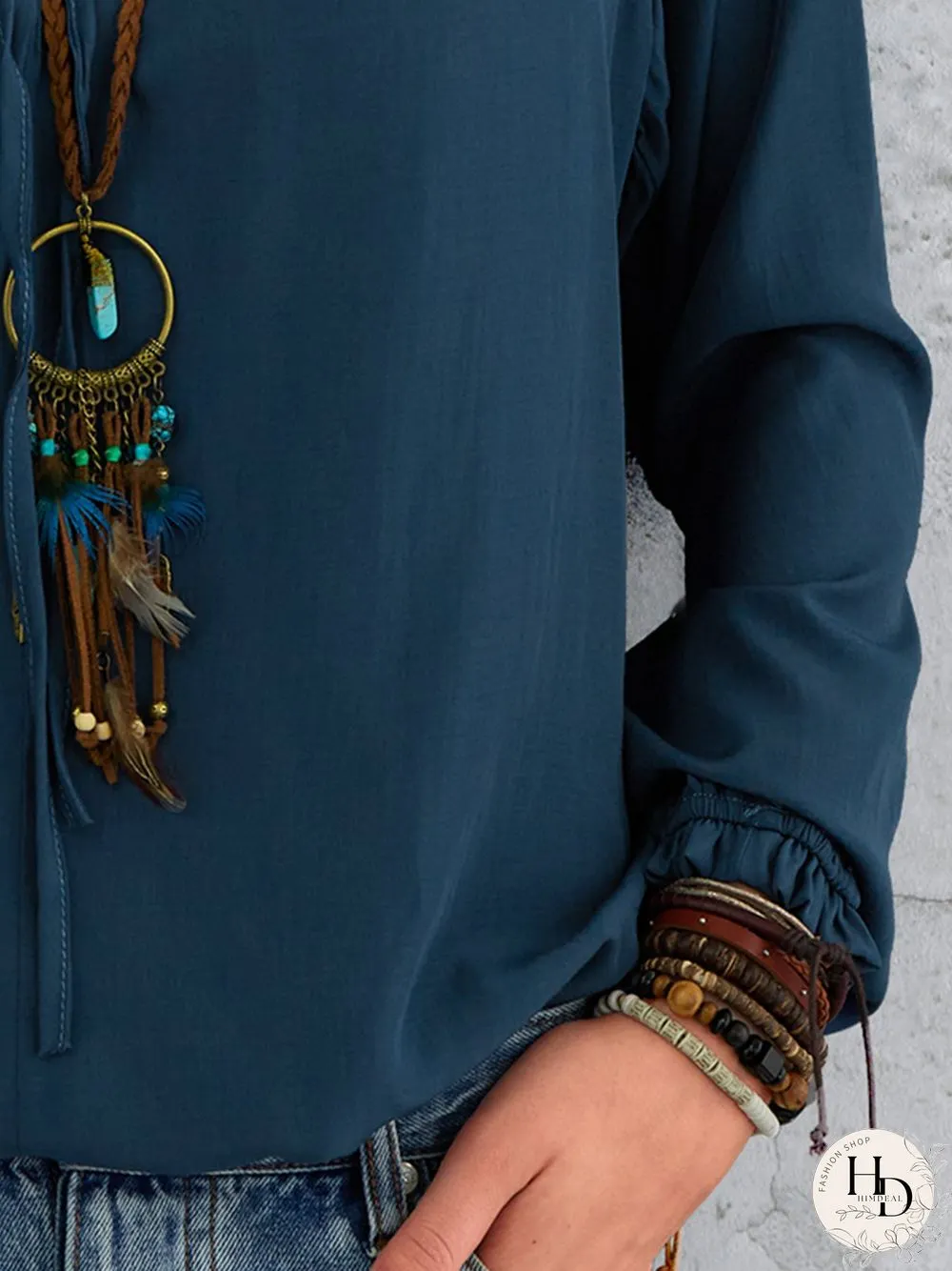 Casual V Neck Long Sleeve Solid Shirts