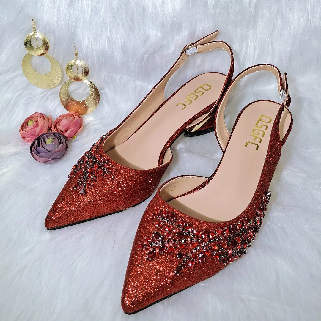 QSGFC 2022 Peach Color Shaped Mid-heel Design Shoes Popular Pointed Ladies Shoes And Bags African Wedding Party Shoes With Bag