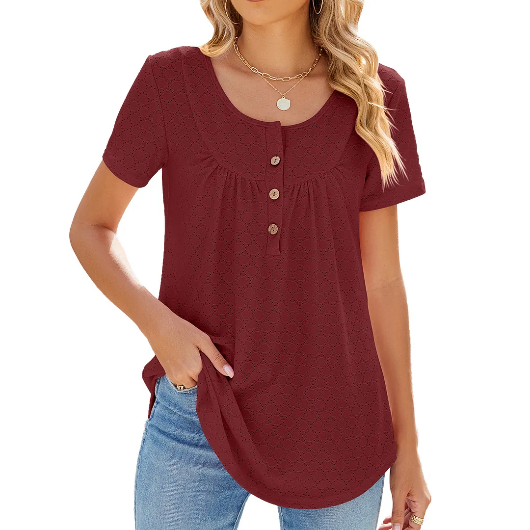 Churchf Churchf 2024 New Circle Draw Pleated Button Short Sleeve Swallow-Tailed T-Shirt Top