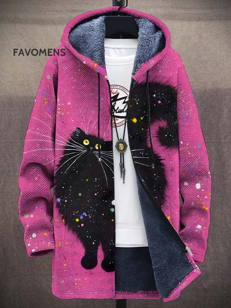 Black Cat Art Print Unisex Plush Thick Long-Sleeved Sweater Cardigan Coat Pink / S