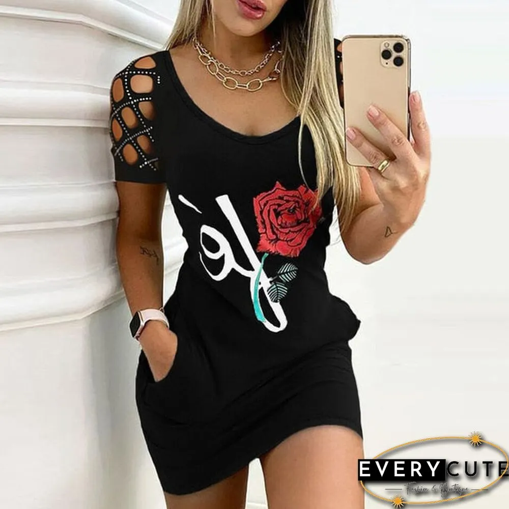 Elegant Rose Print Pocket Mini Dress Women Summer Casual O-Neck Short Sleeve Party Dress Lady Sexy Hollow Out Dress Vestido
