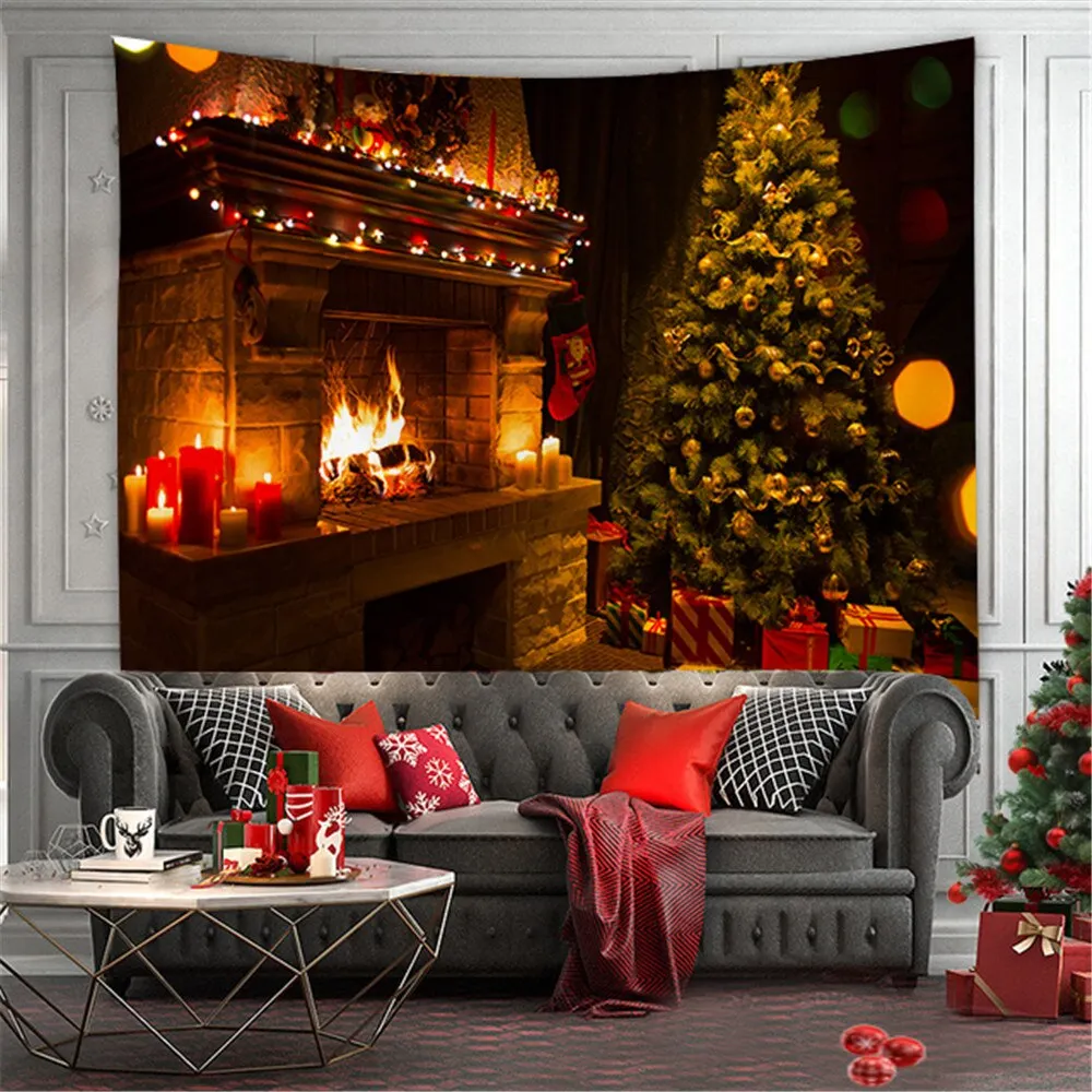 Merry Christmas Tapestry Wall Hanging Christmas Tree Fireplace Wall Cloth Tapestries Psychedelic Boho Decor Wall Tapestry Carpet