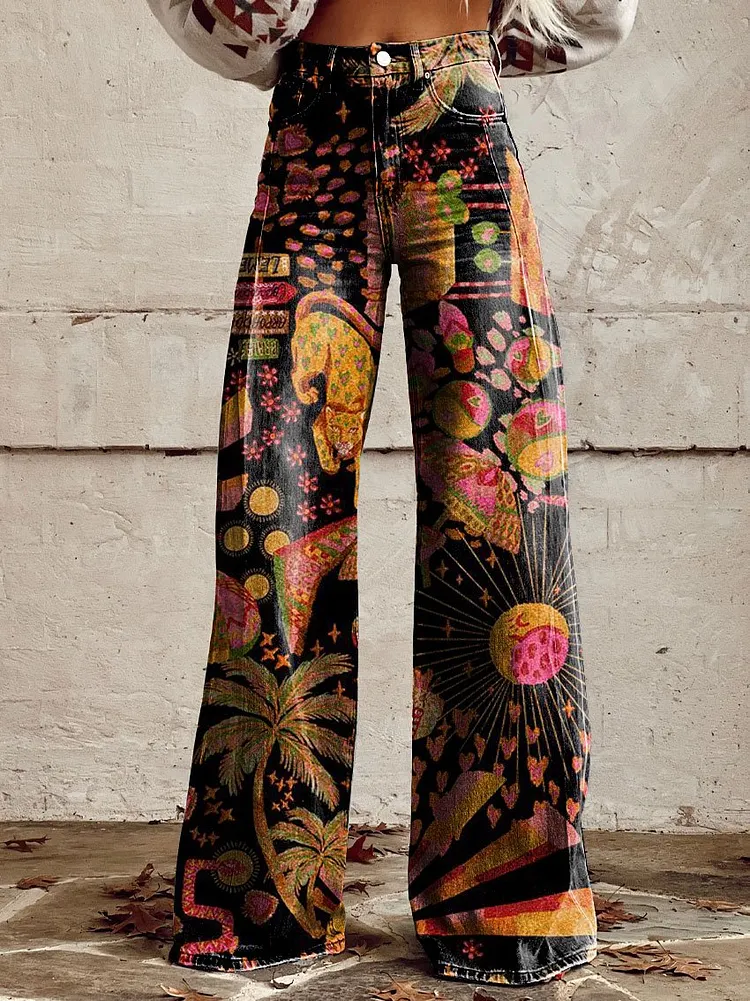 Women's Vintage Print Casual Wide Leg Pants