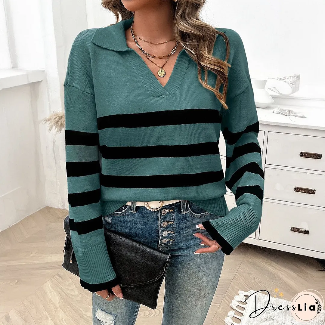 Women's Casual Loose Striped Contrast Color Lapels Sweaters