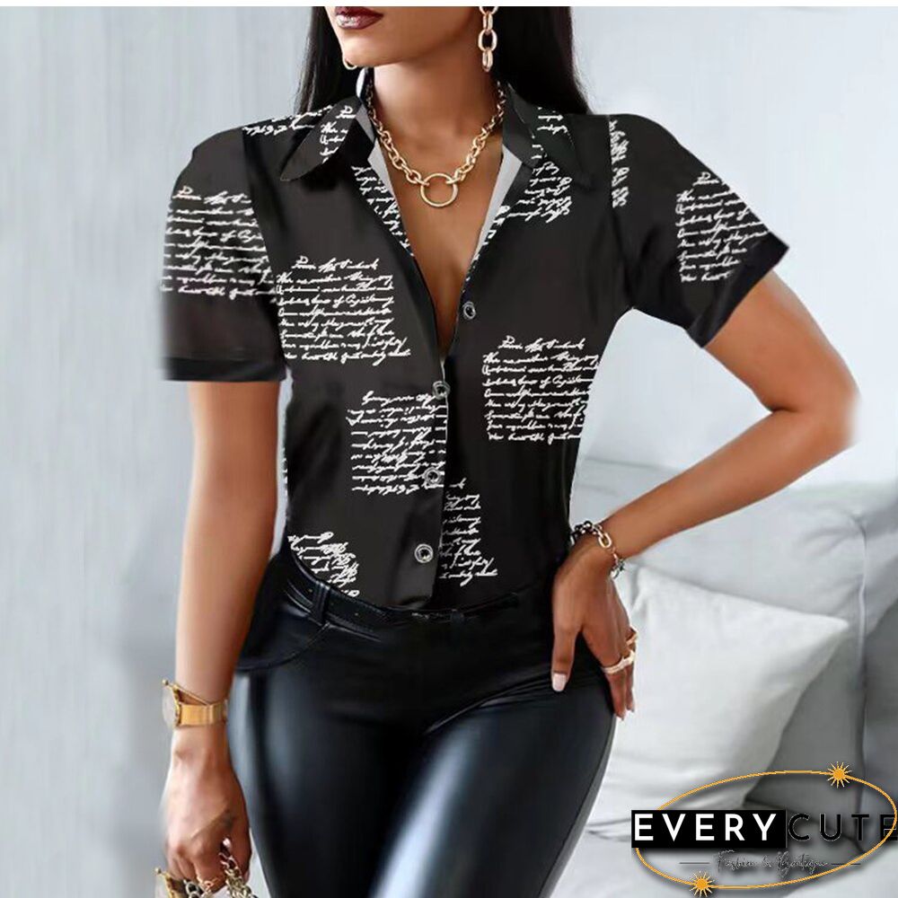 Summer Women Black Floral Print Top Shirt Fashion Casual Short Sleeve Turn-down Collar Tops Shirts New Elegant Slim Button Shirt