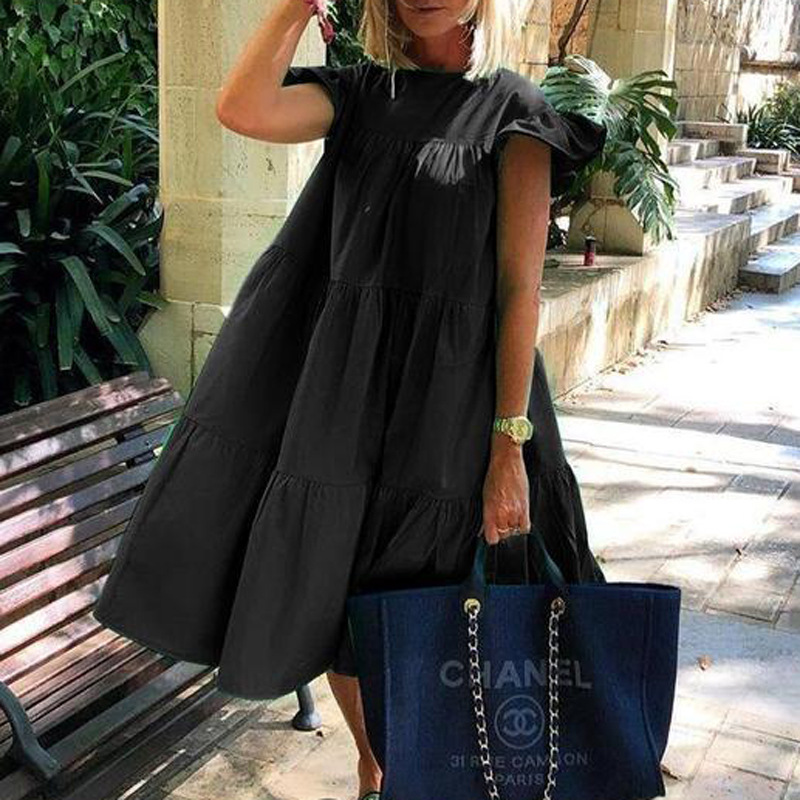 New Fashion Solid Color Short Sleeve Loose Chic Pleated Casual Dress