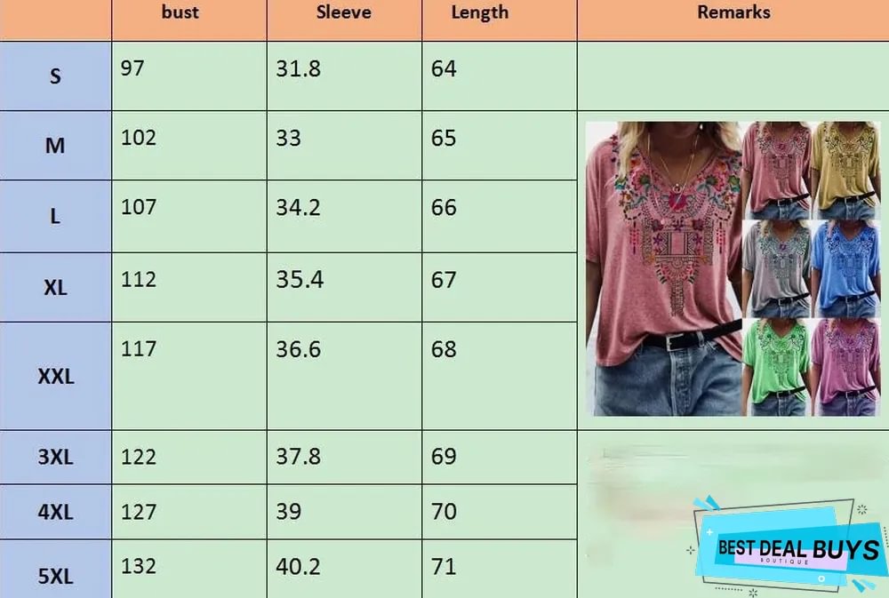 Women's Spring and Summer New Printed National Style V-Neck Short-Sleeved T-Shirt