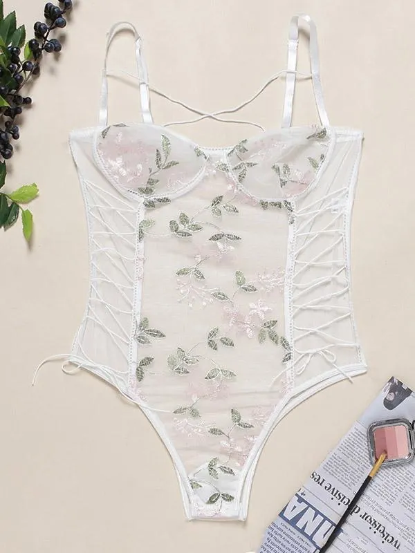 Sexy Bandage Embroidered Split-Joint Bodysuit Lingerie