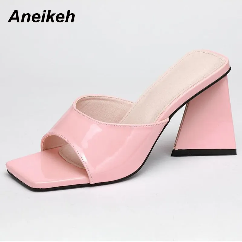 Aneikeh 2022 Summer New Fashion Concise Solid PU Shallow Mid Heel Slippers Women Lazy Slip On Beach Mules Square Open Toe 35-42