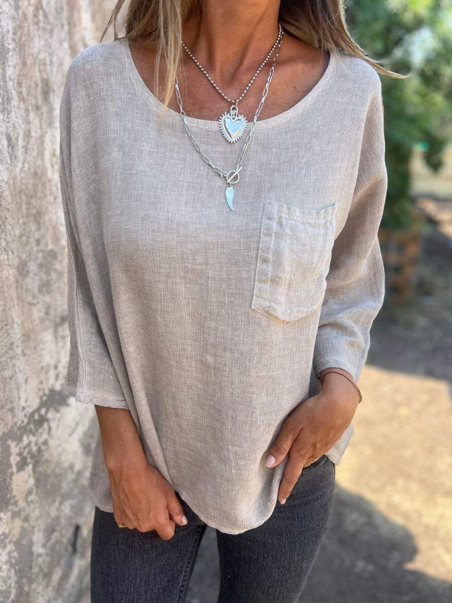 Women's Cotton And Linen Round Neck Shirt with Pockets