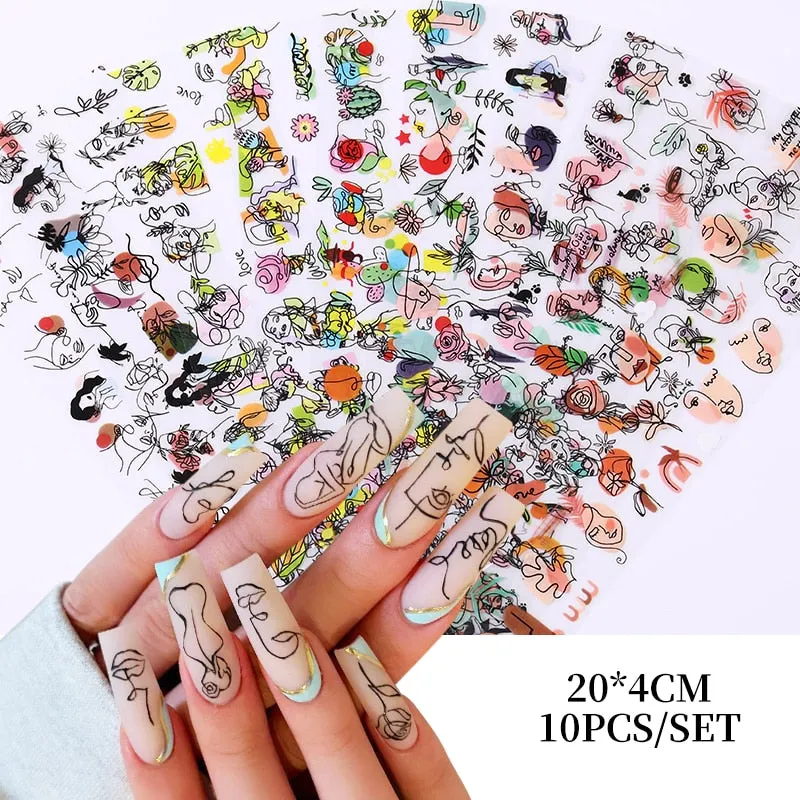 10Pcs/Bag Nail Art Transfer Foil Sticker Abstract Image Blue French Tip Wraps Adhesive Decals Nails Decoration Accessories-Nail Inspo