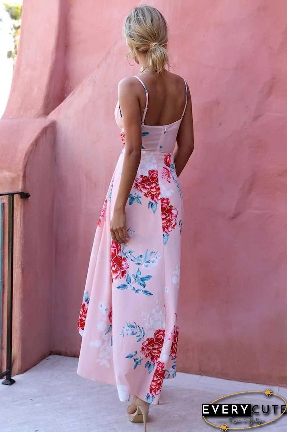 Pink Sleeveless Flowers Printed Irregular Hem Dress
