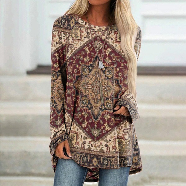 Ethnic Tribal Printed Round Neck Long Sleeve T-Shirt elevenforest