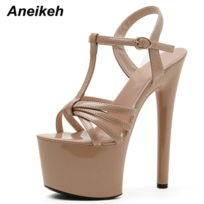 Aneikeh Platform Heigh Gladiator Women Sandals Summer Narrow Band T-Tied Shoes High Buckle Strap Thin Heels Sandalias Mujer 2022