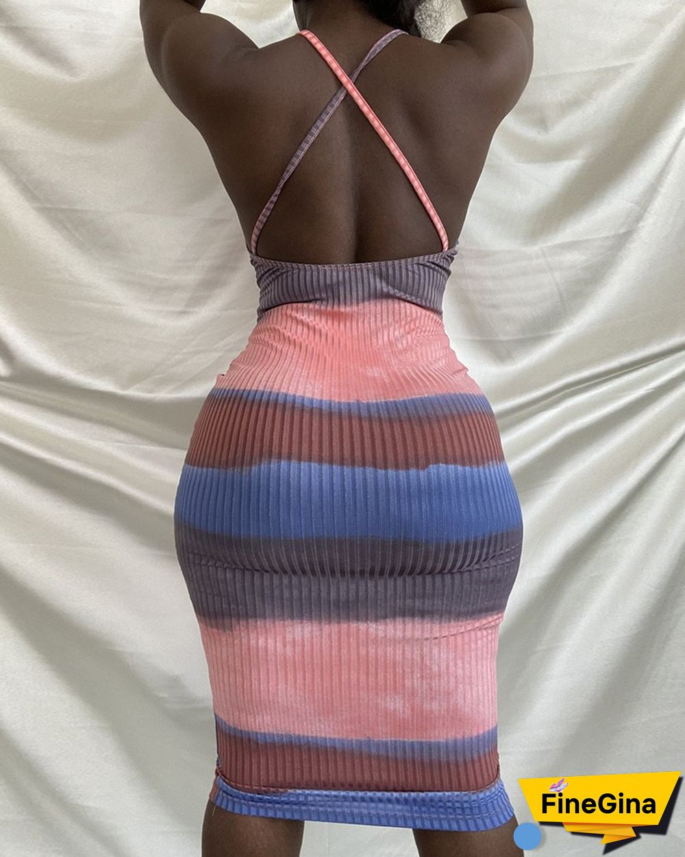 Tie Dye Print Colorblock Crisscross Backless Dress