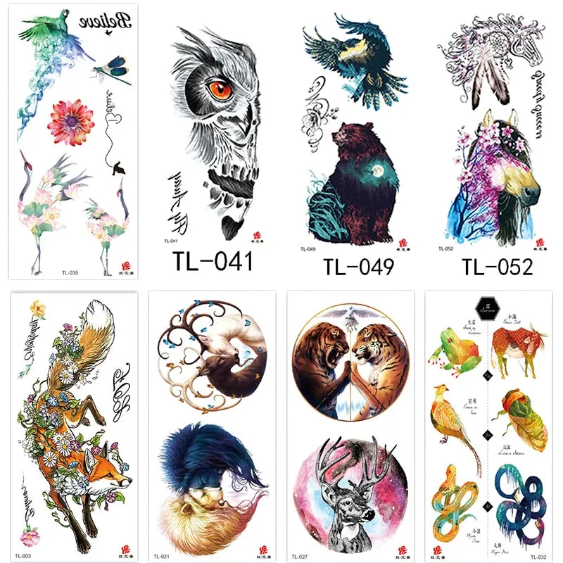 1~8 pieces of animal plants wolf bear bird art tattoo stickers disposable waterproof temporary tattoo stickers for men and women