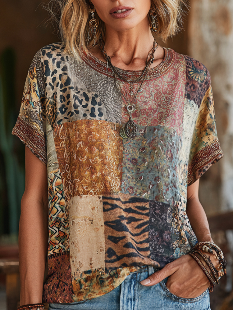 Comstylish Women's Leopard And Animal Print Spliced Artistic Colorful Linen Blend Short Sleeve Top