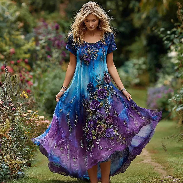 Women's Vintage Floral Embroidery Gradient Pattern Round Neck Dress