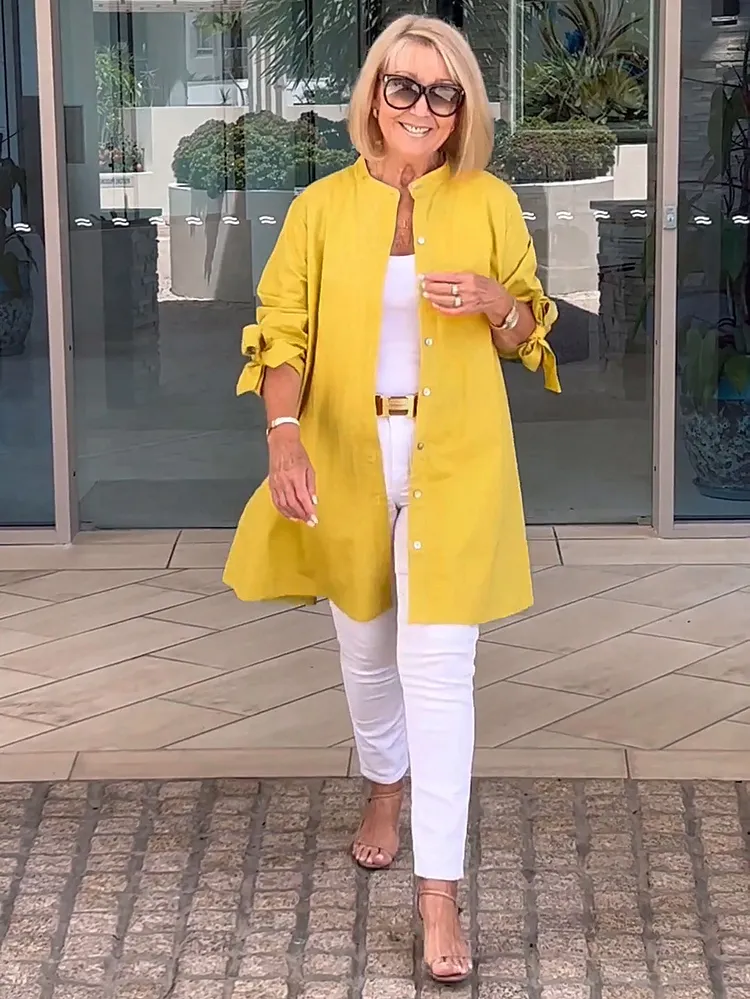 Giacca camicia da donna lunga in cotone tinta unita
