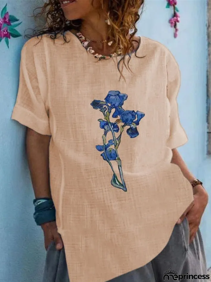 Women's T-Shirts Round Neck Floral Print Short Sleeve T-Shirt