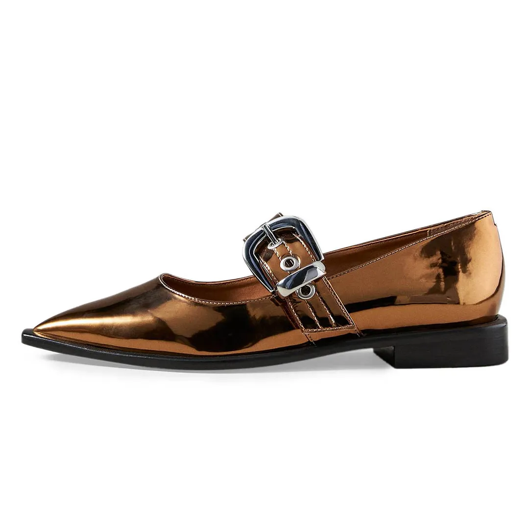 Gold Patent Pointed Toe Flat Mary Jane Pumps with Buckle Strap