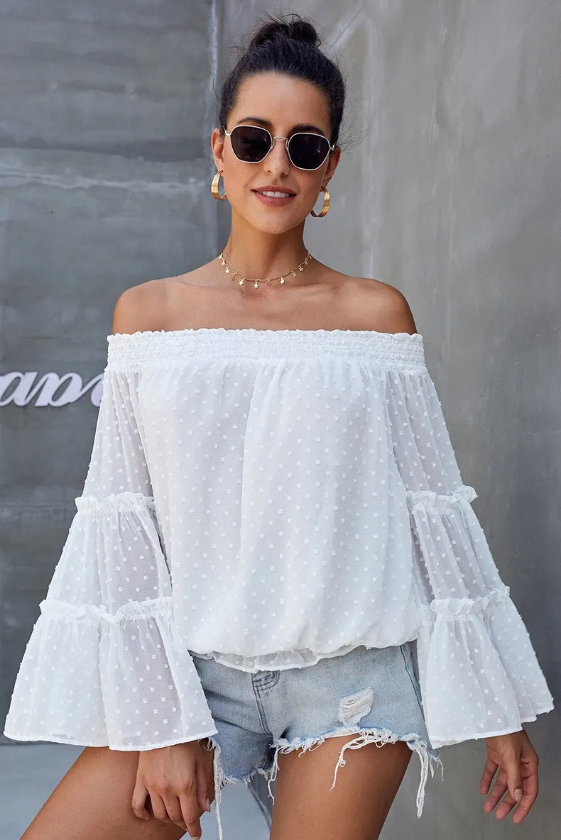 Brownm Long Dot Sleeve Chiffon Off-shoulder Off-the-neck Hollow-out Loose Top