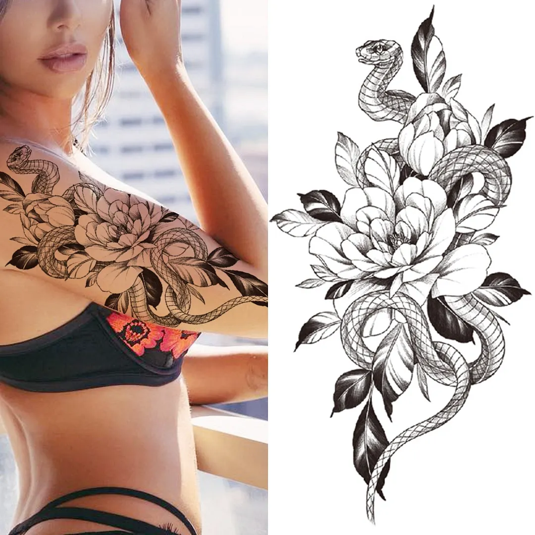 Realistic Fake Peony Temporary Tattoos For Women Girl Black Rose Elephant Flower Tattoo Sticker Tiger Anemone Tatoos Half Sleeve 1108-1