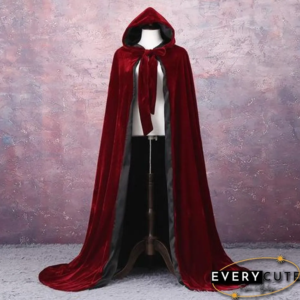 Adult Hooded Cloak Long Velvet Cape Robe Green Black Red Halloween Carnival Purim Coats Medieval Witch Wicca Vampire Costume