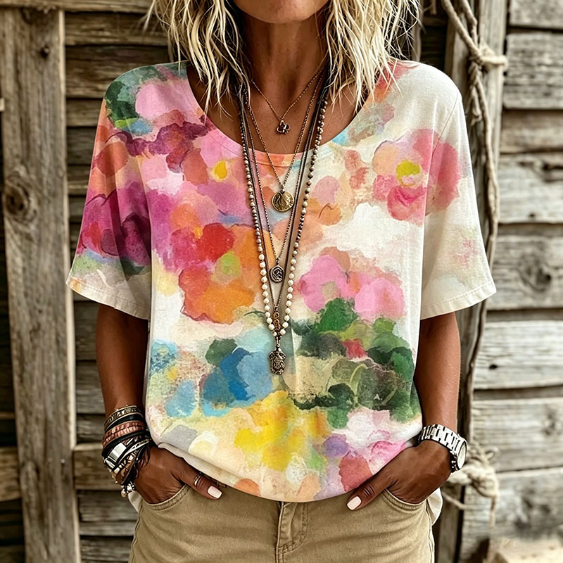 Comstylish Women's Tie-dye Style Floral Art Print Casual T-shirt