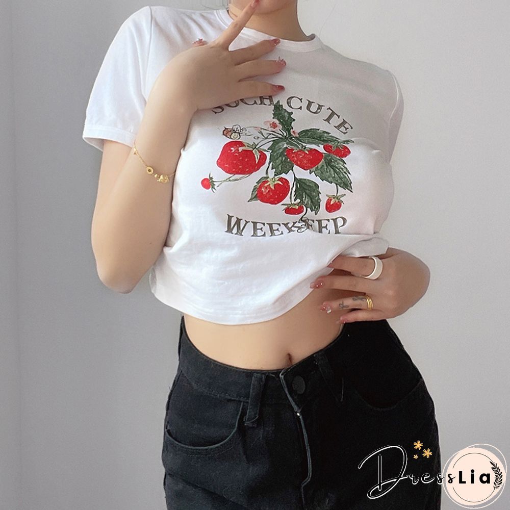 Cute Kawaii Strawberry Print Crop Tops Women Fairycore Short Sleeve Tshirt Aesthetic Harajuku Clothes Streetwear