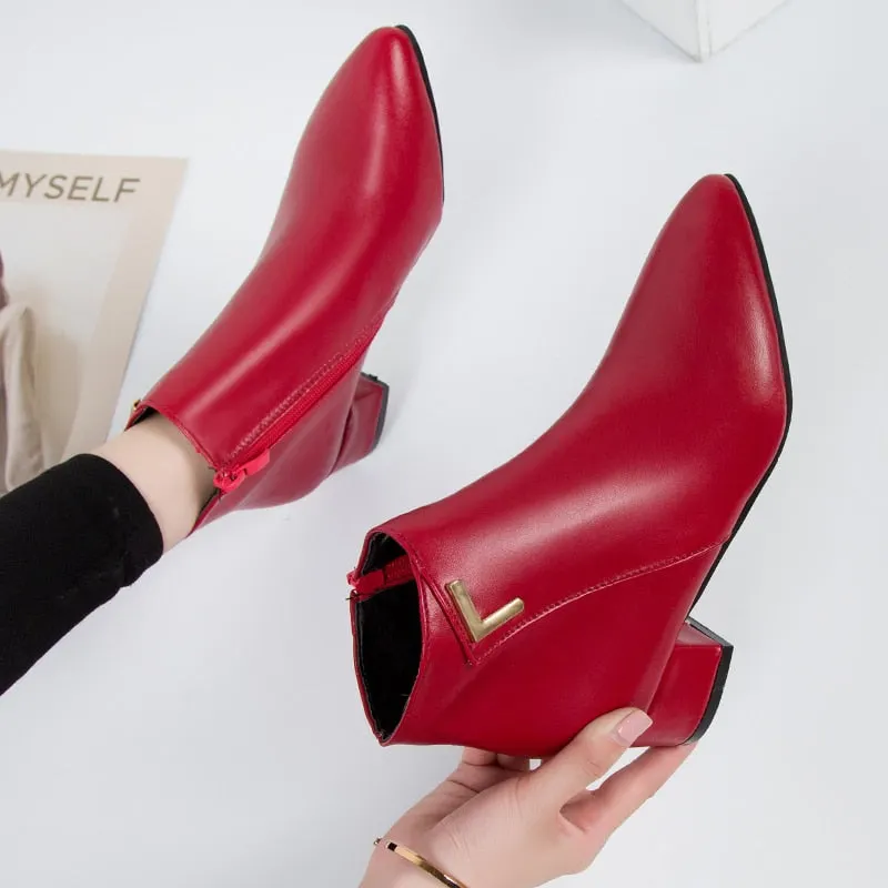2020 Fashion Women Boots Casual Leather Low High Heels Spring Shoes Woman Pointed Toe Rubber Ankle Boots Black Red Zapatos Mujer