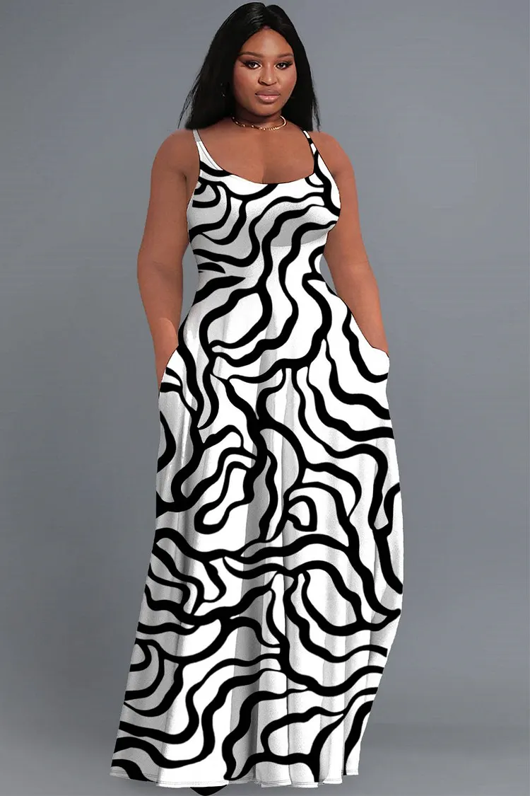 Xpluswear Design Plus Size Vacation Black Sundress Graphic Round Neck Pocket Maxi Dresses 2024 - Xpluswear