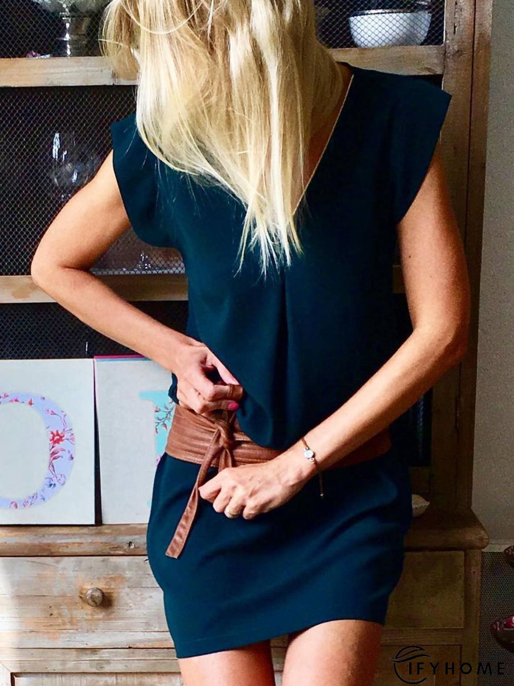 Shift Casual Plain V neck Weaving Dress | IFYHOME