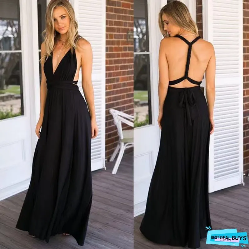 Cross-Border European and American Solid Color Various Wearing Methods Sexy Lace-up Red Dress Long Dress Bridesmaid Dress