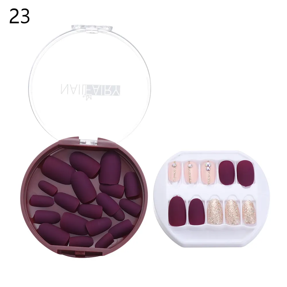 30PCS/Set Fake Nails Press Coffin False Full Artificial Short Kiss Detachable Stick Designs Press Nails Art Tipsy Cover Box